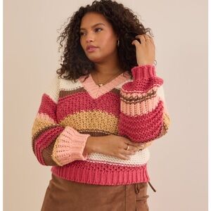 Arula Mabel Striped Chunky Ribbed Crochet Knit V-Neck Pullover Sweater 14/16 NWT